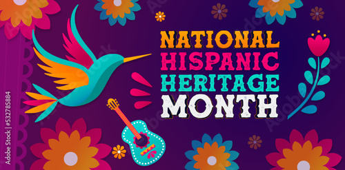 Vector web banner, Hispanic heritage month, Poster, carder social media, editable text effect. Greeting with national Hispanic heritage month text on floral traditional colorful background photo