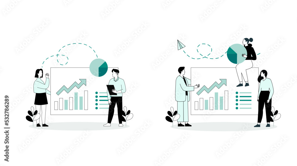 Digital Marketing concept set. Collection of scenes with men and women taking part in business activities. Trendy vector style Digital Marketing concept set. Collection of scenes with men and women taking part in business activities. Trendy vector style