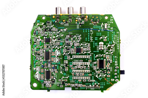 electronic circuit board isolated on white background close-up