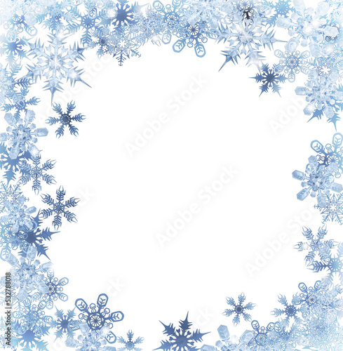 Merry Christmas snowflakes blue snow and ice crystals abstract background 