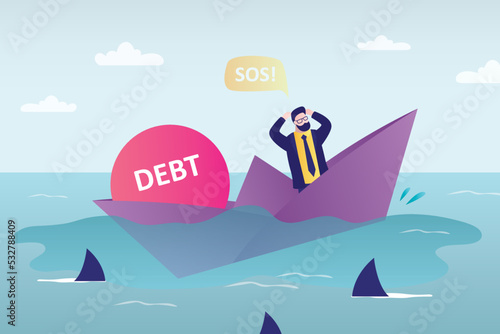 Weight of debts sinks paper boat of businessman. Entrepreneur drowning due to large number of financial obligations