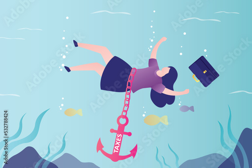 Woman drowning in large amount of tax debts. Anchor on chain pulls businesswoman to bottom of sea