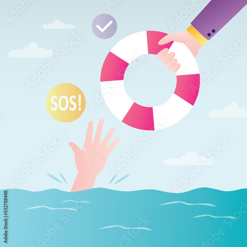 Hand gives lifebuoy to drowning man. Rescuing businessman from crisis situation. Entrepreneur mired in lot of debt and taxes