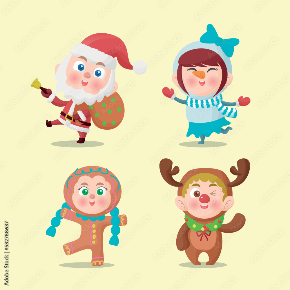Christmas character cute children with costumes hand drawn flat collection