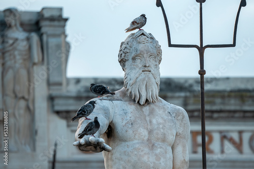 Close-up of birds perching on Neptune Statue and fountain. Famous structure of ancient Greek god with old building in background. Beautiful art in harbor city of Messina.