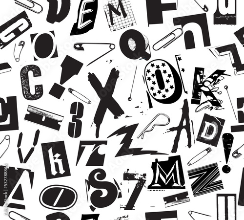 Punk seamless vector pattern alphabet typography composition with pins and clips in the style of grunge and punk design in black and white.