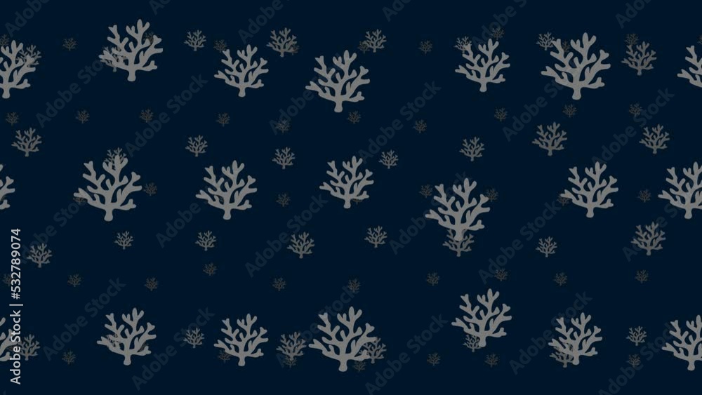 Coral symbols float horizontally from left to right. Parallax fly effect. Floating symbols are located randomly. Seamless looped 4k animation on dark blue background