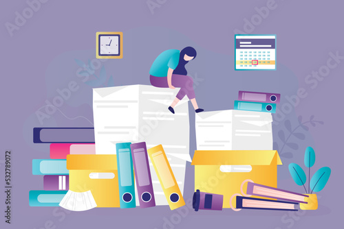 Tired worker sits on mountain of documents and folders. Employee with huge amount of paperwork