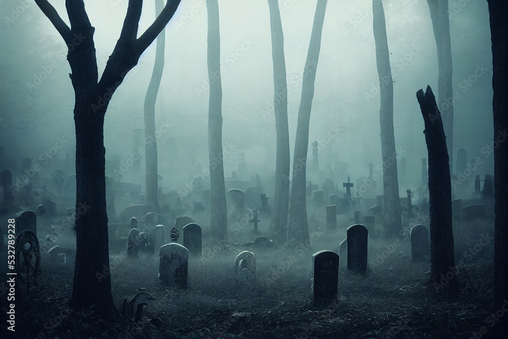 Spooky graveyard in mist at Halloween. 