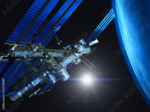 Fototapeta Naklejka Na Ścianę i Meble -  Illustration 3d de la station spatiale internationale en orbite autour de la terre .
