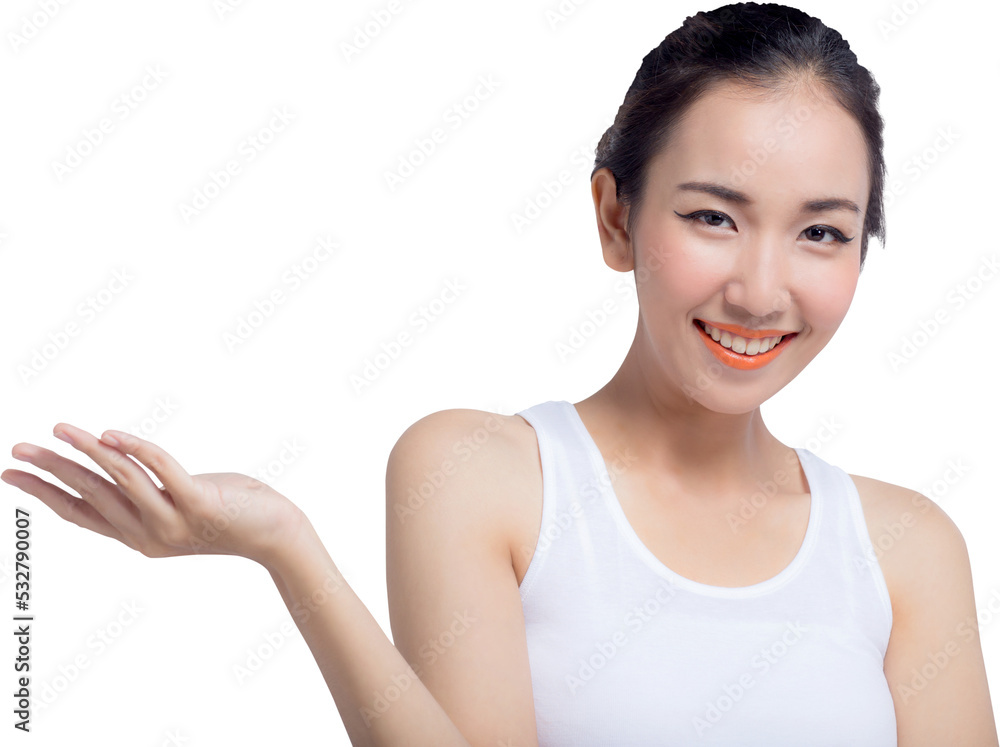 Beauty young asian woman gesturing showing for advertisement isolated png transparent file. Beauty young asian woman gesturing showing for advertisement isolated png transparent file.