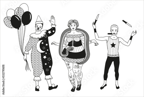 Circus. Vintage icons collection. The Clown, The Snake Lady,The Knife Thrower. Vector illustration.
