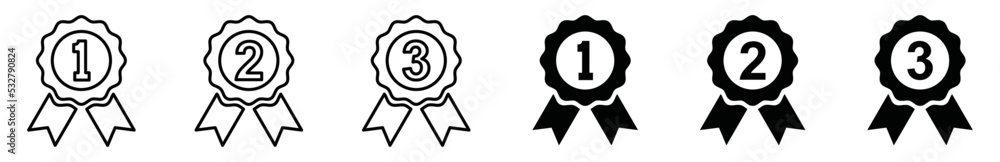 1st, 2nd, 3rd champion medal symbol icon vector set. Line art and flat symbol of competition winner medal 1st, 2nd, 3rd champion medal symbol icon vector set. Line art and flat symbol of competition winner medal