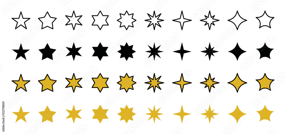Stars icon vector collection. Line art and flat of sparkle or shine sign symbol vector set Stars icon vector collection. Line art and flat of sparkle or shine sign symbol vector set