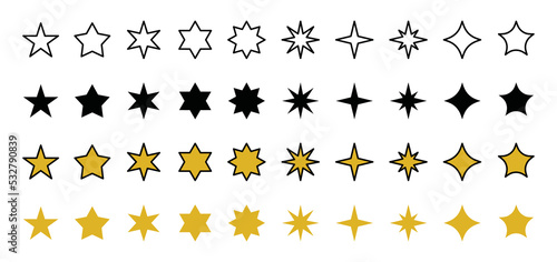 Stars icon vector collection. Line art and flat of sparkle or shine sign symbol vector set