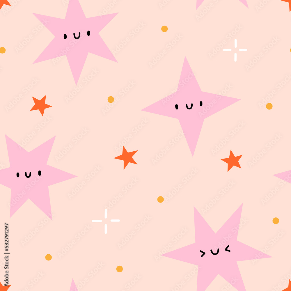 Abstract vector pattern - night sky. Cute and simple texture with stars. Hand drawn smiley stars background.
Abstract vector pattern - night sky. Cute and simple texture with stars. Hand drawn smiley stars background.