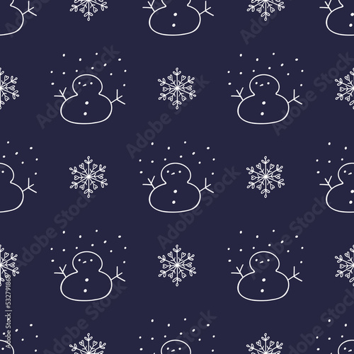 Christmas or New year background. Doodle snowmen and snowflakes. Vector seamless pattern.