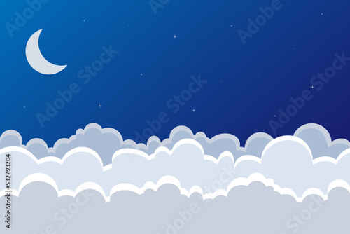 vector landscape of clouds and night sky with crescent moon for background
