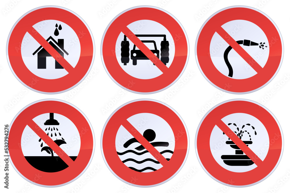 Collection of circular red, black and white signs of restrictions due to drought and lack of water such as the prohibition of washing cars and houses, irrigation, watering of green spaces Collection of circular red, black and white signs of restrictions due to drought and lack of water such as the prohibition of washing cars and houses, irrigation, watering of green spaces