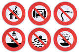 Collection of circular red, black and white signs of restrictions due to drought and lack of water such as the prohibition of washing cars and houses, irrigation, watering of green spaces