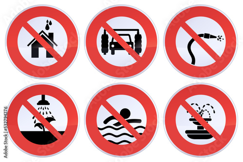 Collection of circular red, black and white signs of restrictions due to drought and lack of water such as the prohibition of washing cars and houses, irrigation, watering of green spaces