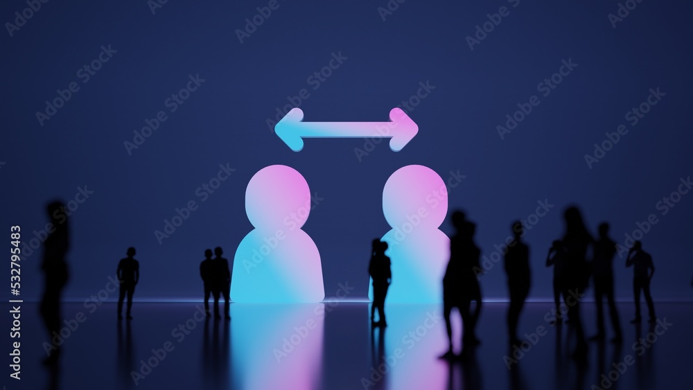 3d rendering people in front of symbol of social distance on background