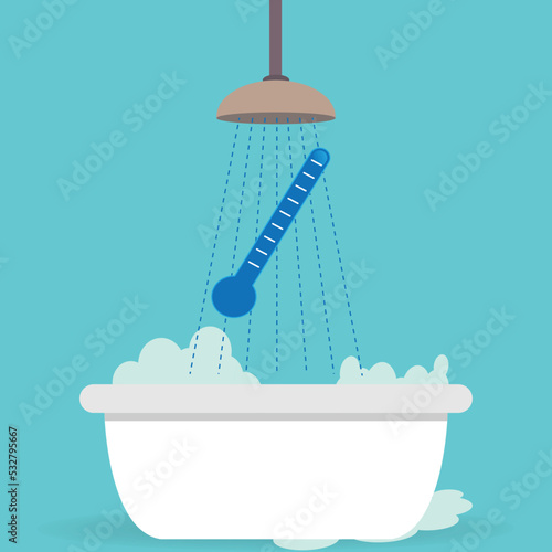 Bath tub with shower and thermometer, shower temperature concept