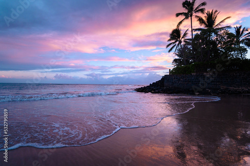 Colorful sunrise on the beach with ocean waves coming on shore with palm tree silhouettes and pretty pink and blue skies in Maui Hawaii  © Lucas
