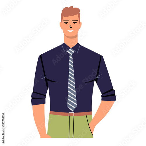 Young businessman in a tie and shirt. The man keeps his hand in his pocket and smiles. Office manager isolated on white background. Flat vector.