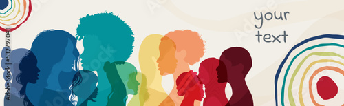 Group of multicultural diversity women and girls face silhouette profile. Female social network community of diverse culture. Business woman. Banner copy space. Spectrum rainbow colors
