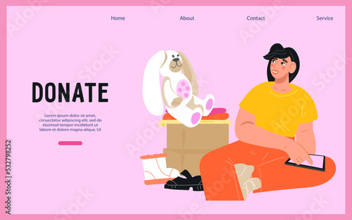 Web page for clothing donation and charity campaign of social help to poor people. Website banner with volunteer packing a donation box with clothes, footwear and toys, flat vector illustration.