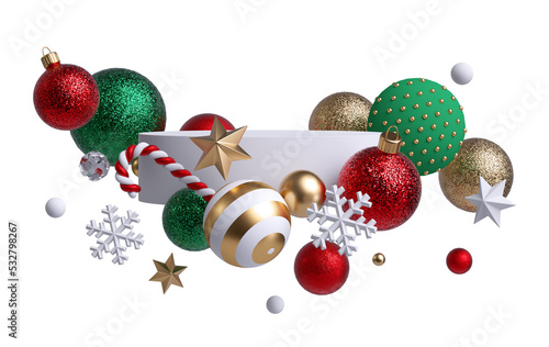 Christmas ornaments over the round white podium. Red glass balls, gold and crystal stars.