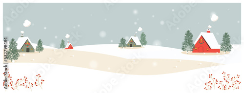 Vector illustration of a Christmas winter landscape.Background winter landscape with snow flake,hut and sky.Minimal winter concept.