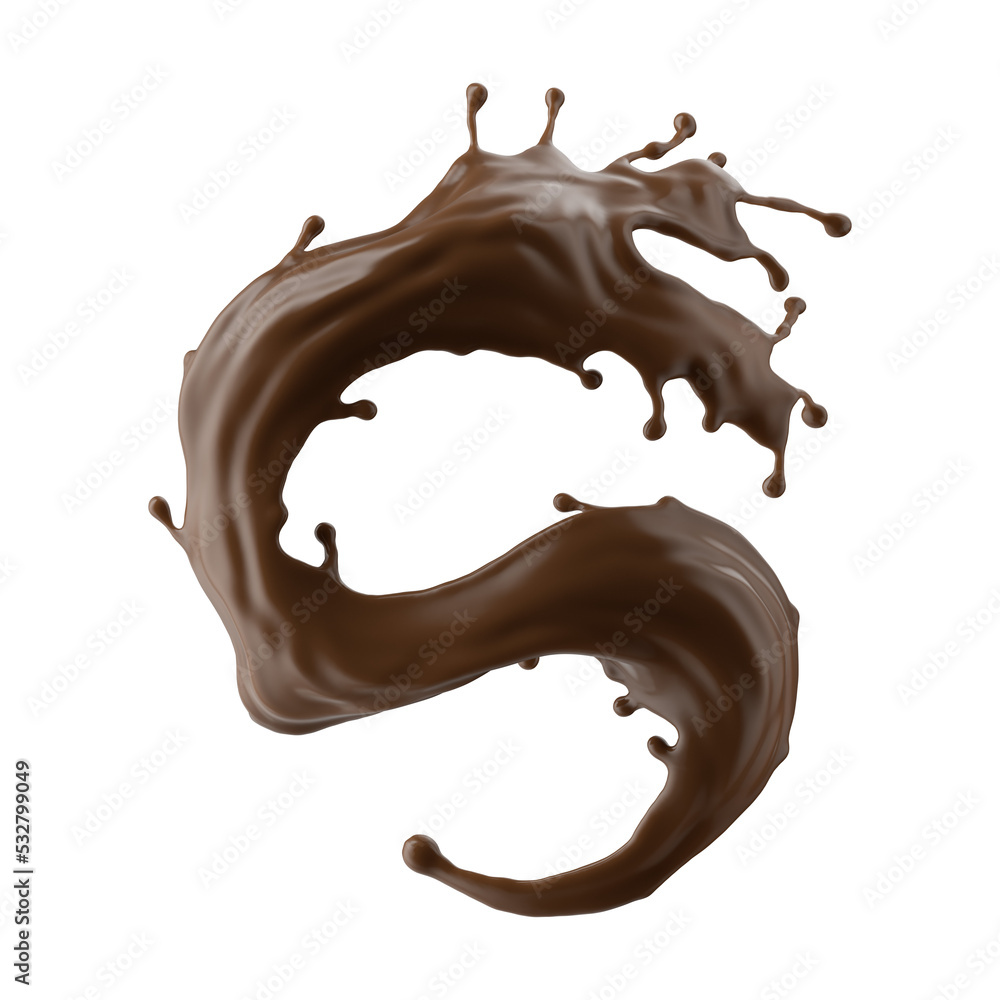 3d render, chocolate splash, cacao drink or coffee, splashing cooking ingredient. Brown beverage. Abstract wavy liquid clip art isolated on transparent background
