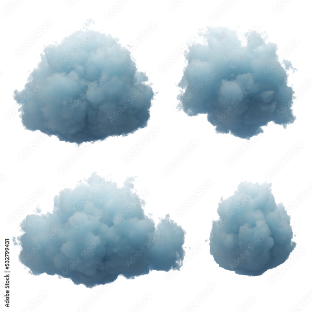 3d render. Collection of random shapes of abstract clouds. Cumulus different views, clip art isolated on transparent background 3d render. Collection of random shapes of abstract clouds. Cumulus different views, clip art isolated on transparent background