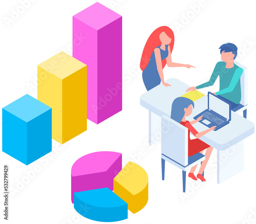 Business people communicating in office discuss statistics  analyze different charts and graphs. Financial accounting concept. Organization process  analytics  planning  report  market analysis