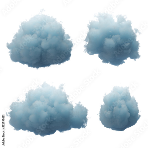 3d render. Collection of random shapes of abstract clouds. Cumulus different views, clip art isolated on transparent background
