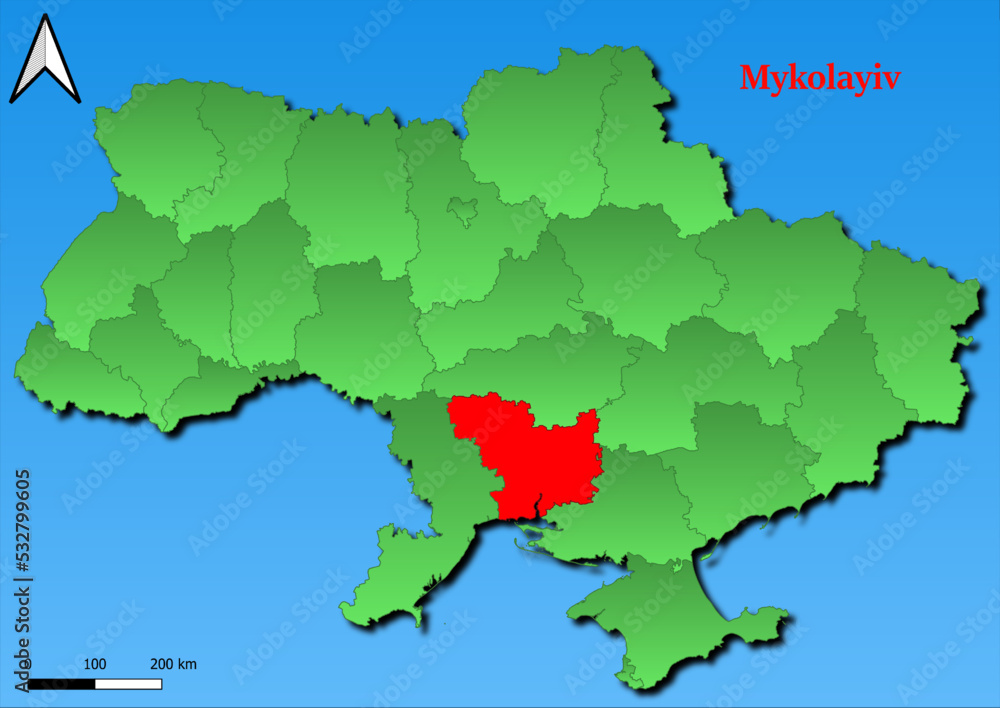 Obraz premium Vector Map of Ukraine with map of Mykolayiv county highlighted in red