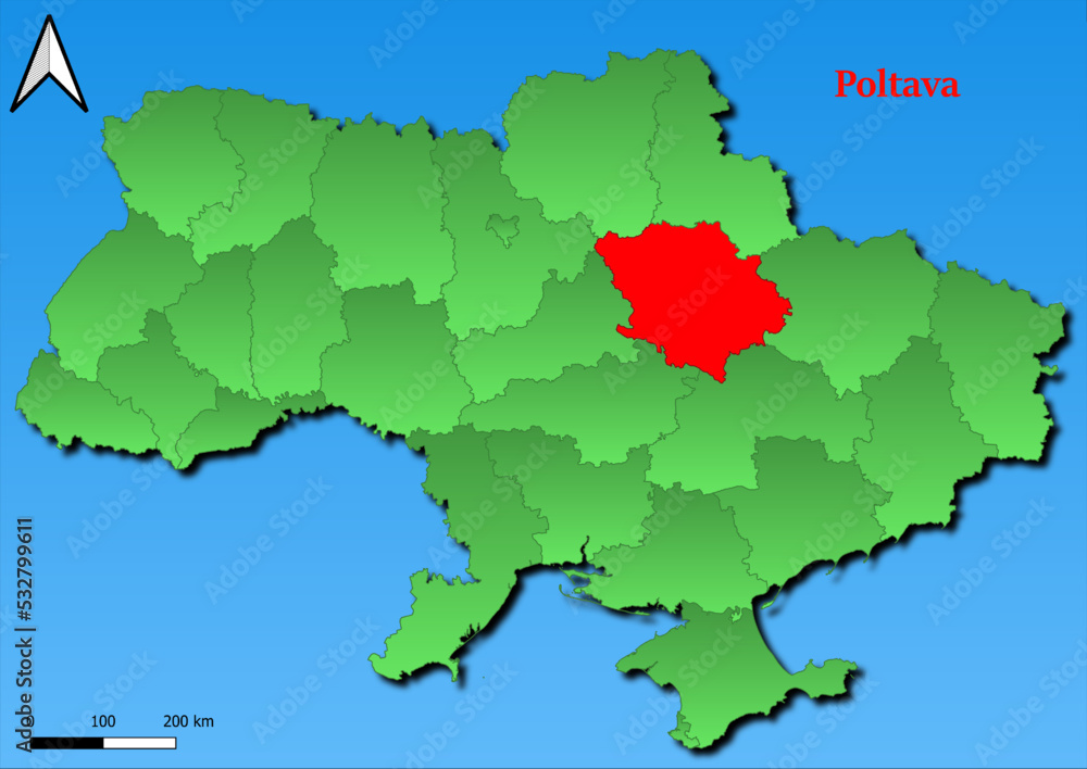 Vector Map of Ukraine with map of Poltava county highlighted in red