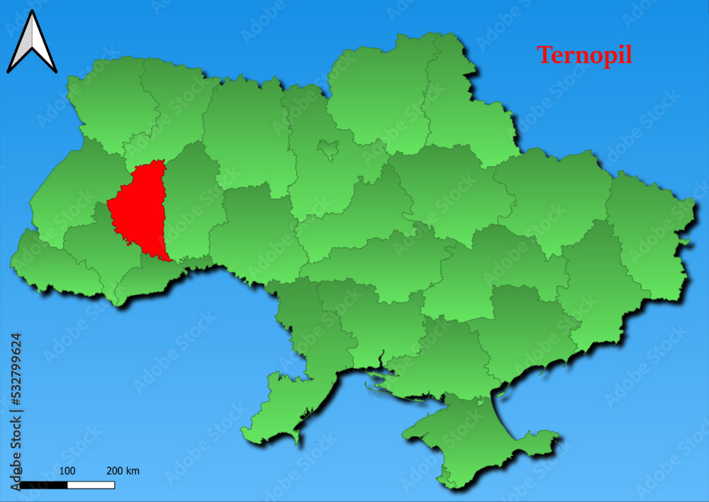Vector Map of Ukraine with map of Ternopil county highlighted in red
