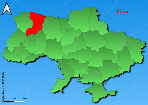 Vector Map of Ukraine with map of Rivne county highlighted in red