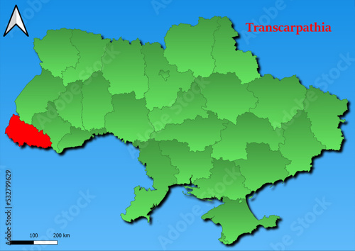 Vector Map of Ukraine with map of Transcarpathia county highlighted in red