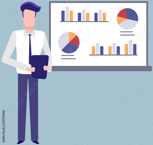 Analytics information and development statistics. Web analysis measure, product testing technology. Man analyses dashboard seo optimization, digital report. Statistical indicators and data on diagram