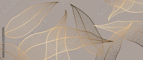 Vector background with golden tropical leaves on a brown background. Golden texture and earthy colors. Art deco for background, cover, banner.