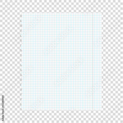 Realistic vector illustration of blank notebook sheet of square paper. White squared paper sheet background. Stock royalty free vector illustration