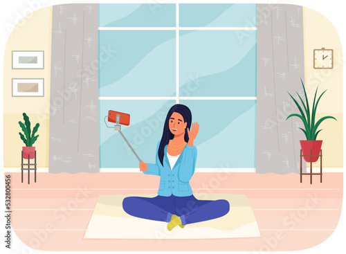 Video call concept. Cute happy woman holding monopod with smartphone talking to girlfriend on screen sitting at home, resting. Negotiation session during which participants hear and see each other