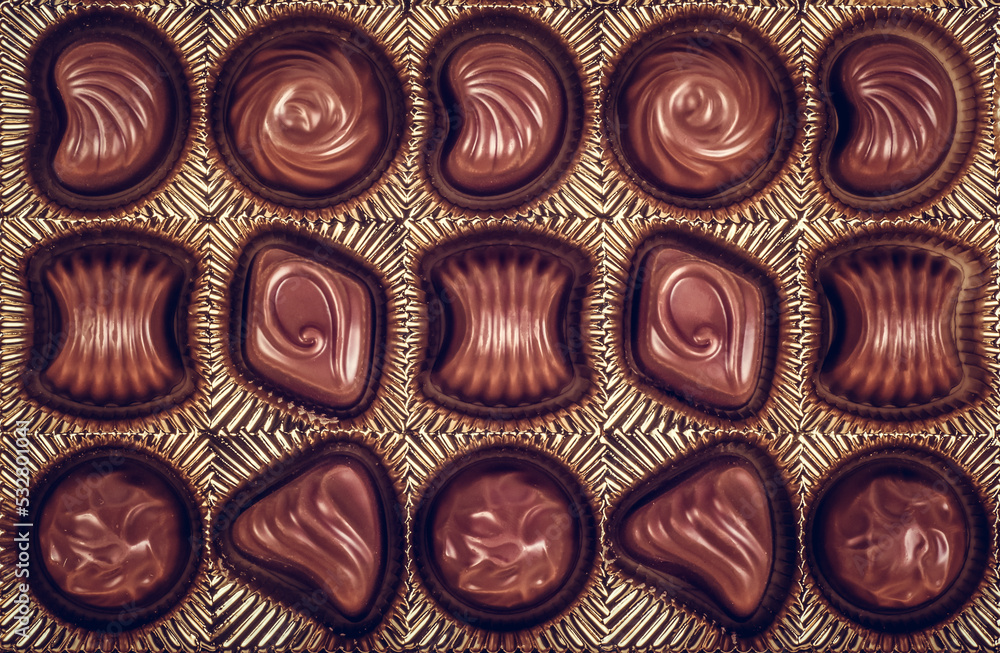 Box Milk Chocolates top view. Box with delicious chocolate candies