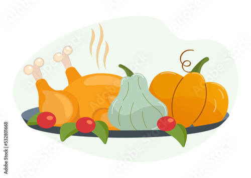Thanksgiving Dinner. Postcard, background, poster. Vector illustration of roasted turkey or grilled chicken, pumpkin with vegetables on a tray isolated on background. Traditional holiday table, food