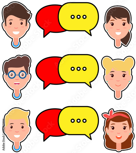 Communication chat, speech bubble icon. People communicate in social network or messenger. Virtual account, user profile symbol vector illustration. App for chatting and mailing design element