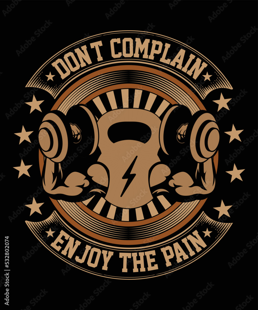 Fototapeta premium Gym t-shirt design. Typography gym t shirt design template, Workout training fitness bodybuilding print design, fitness t shirt design, gym t shirt, Gym saying t shirt, Vector design for gym. 